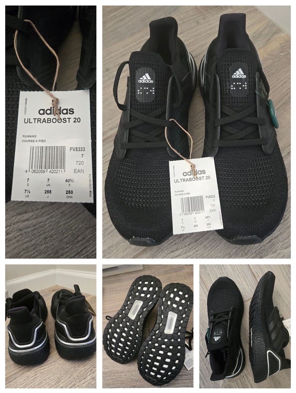 Adidas Ultraboost 20 Core Black Silver Metallic Sneakers, Men's 7.5, NWT